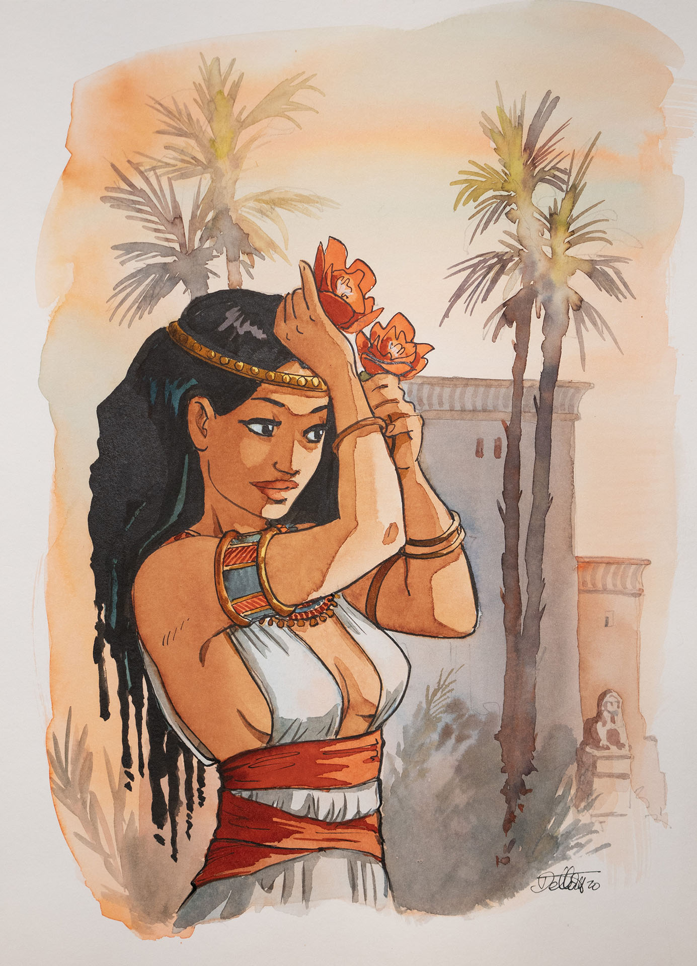 Isabelle DETHAN — Sur les terres d’Horus — orginal illustration - Egyptian lady with a flower in her hair — Page 2020 Isabelle DETHAN — Sur les terres d’Horus — orginal illustration - Egyptian lady with a flower in her hair — Page 2020