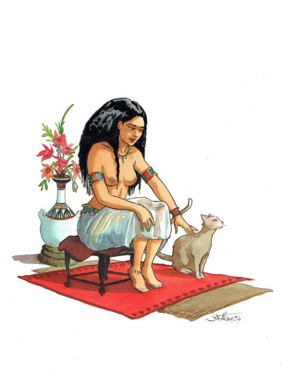 Isabelle DETHAN — Égypte antique – illustration – Égyptienne et son chat