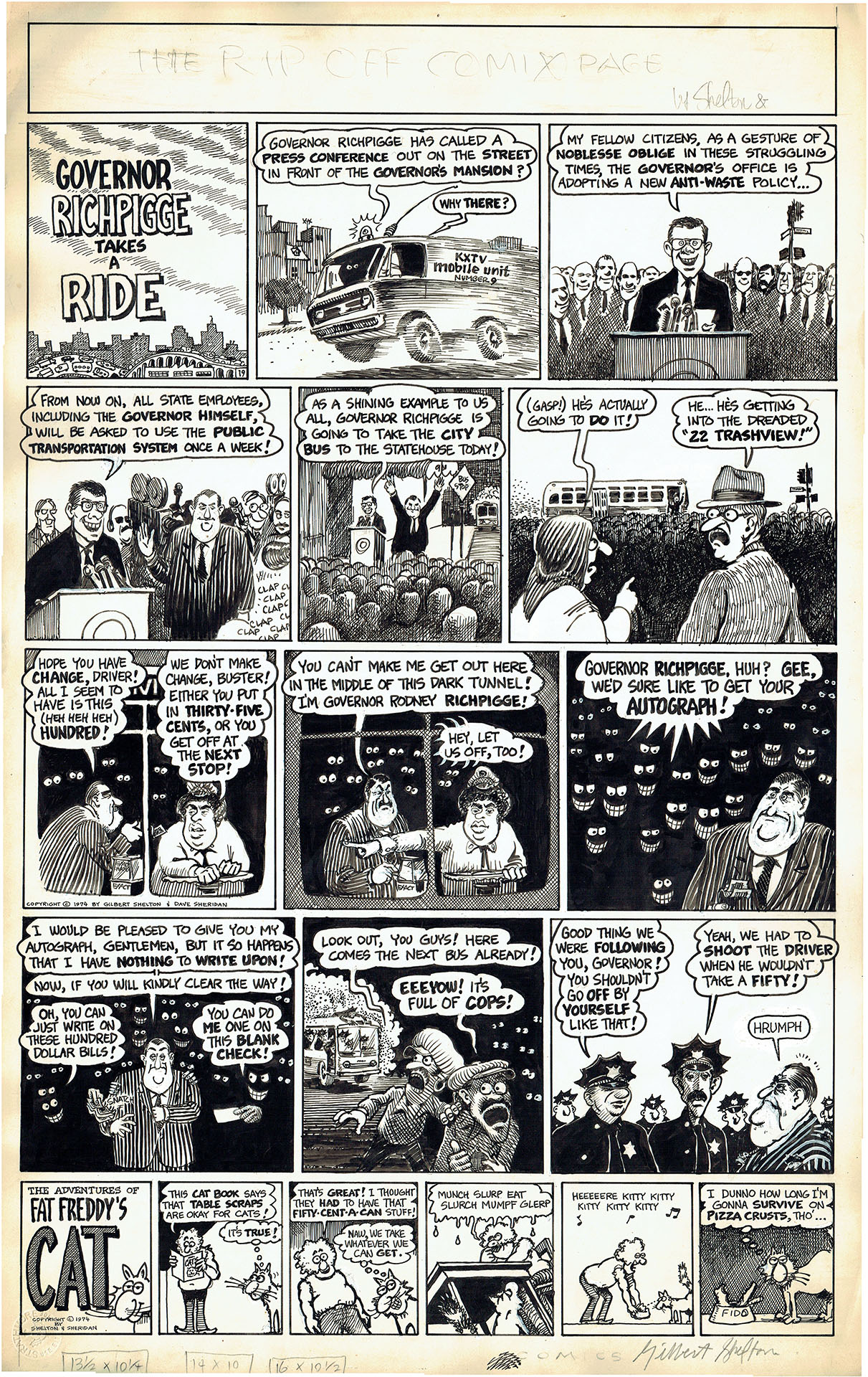 Gilbert SHELTON — Governor Richpigge takes a rride + Fat Freddy’s cat strip Gilbert SHELTON — Governor Richpigge takes a rride + Fat Freddy’s cat strip