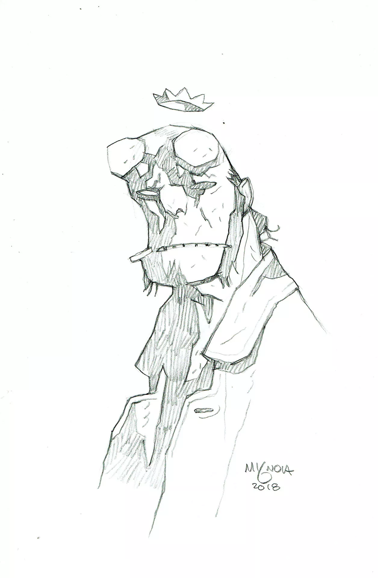 Mike MIGNOLA — Hellboy — Illustration - Bust with crown and cigarette