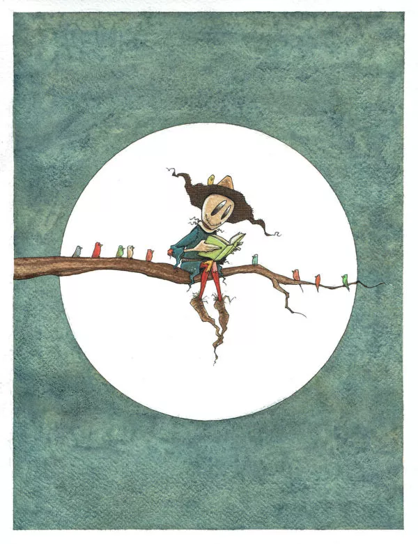 Renaud DILLIES — L’émouvantail — Illustration "Lecture avec les oiseaux"