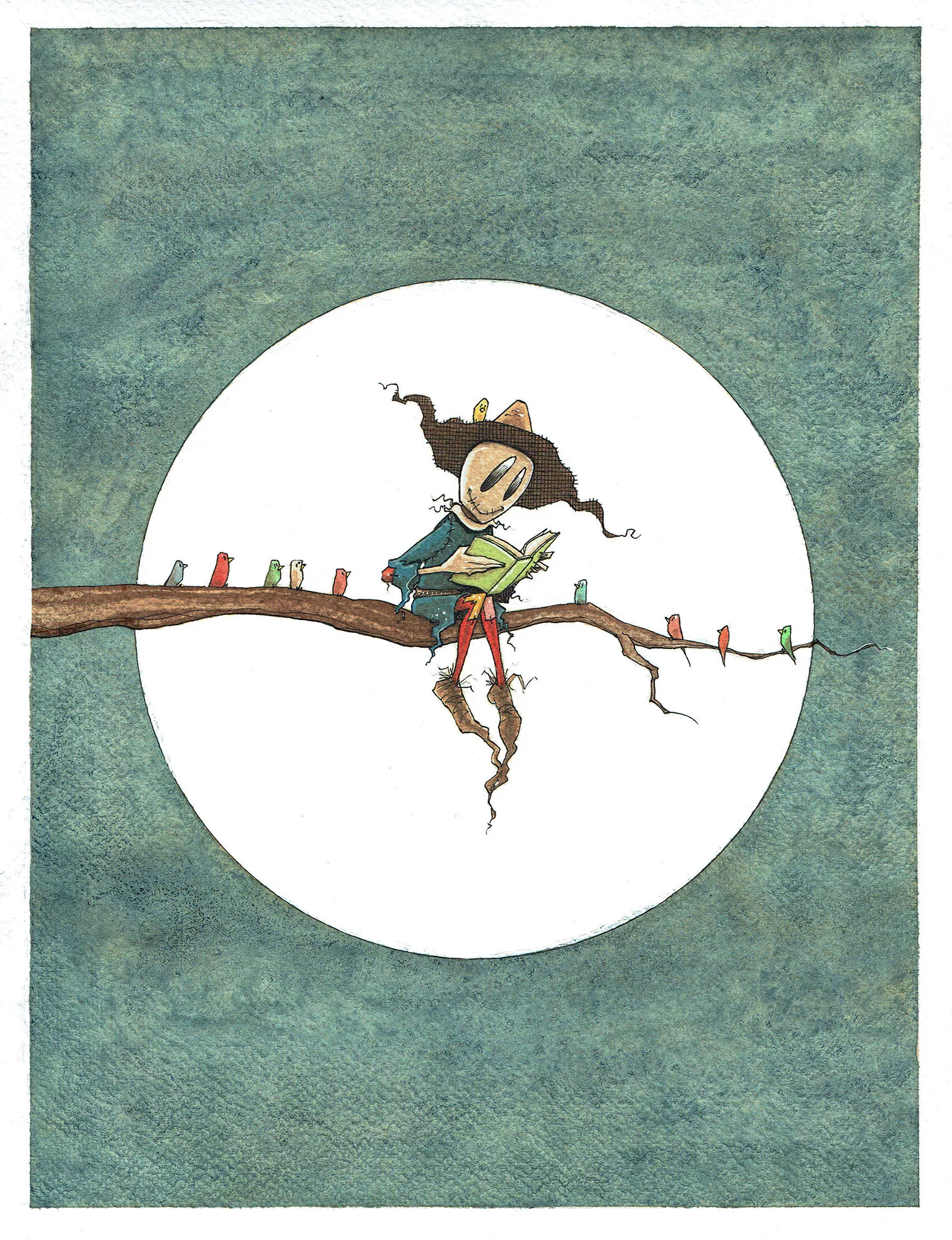 Renaud DILLIES — L’émouvantail — Illustration "Lecture avec les oiseaux"