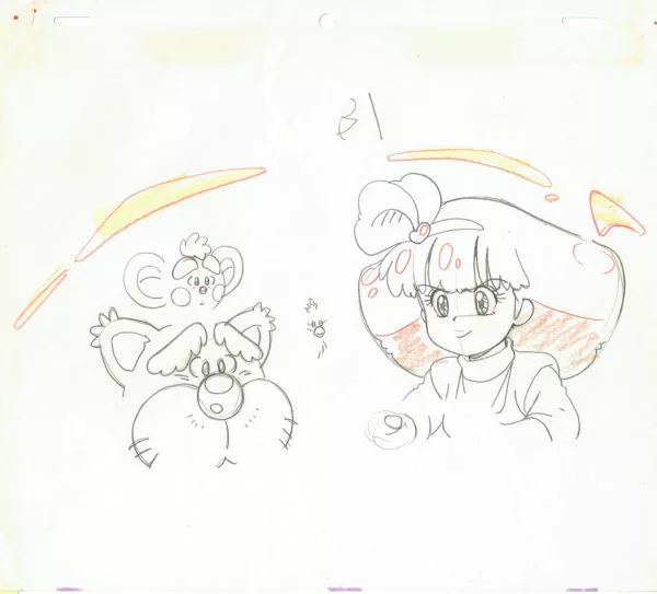 SHUDO Takeshi - Magical Princess Minky Momo — 1246 – Magical Princess Minky Momo  – Momo, Sindbook and Mocha – Genga