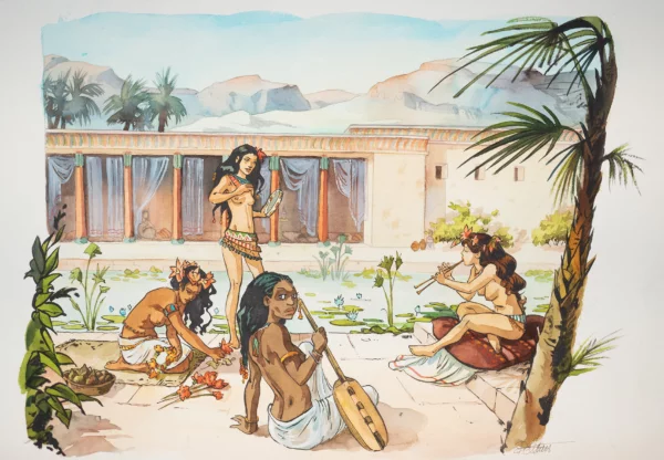 Isabelle DETHAN — Sur les terres d’Horus — Illustration originale - Égyptiennes musiciennes