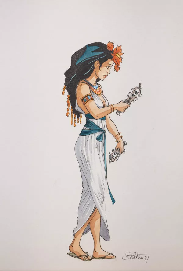 Isabelle DETHAN — Le roi de paille — illustration originale - Neith jouant des cistres