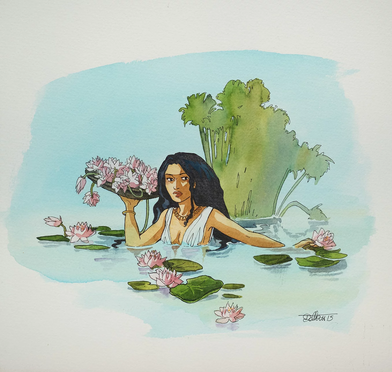 Isabelle DETHAN — Sur les terres d’Horus — Illustration - Egyptian lady and nenuphars