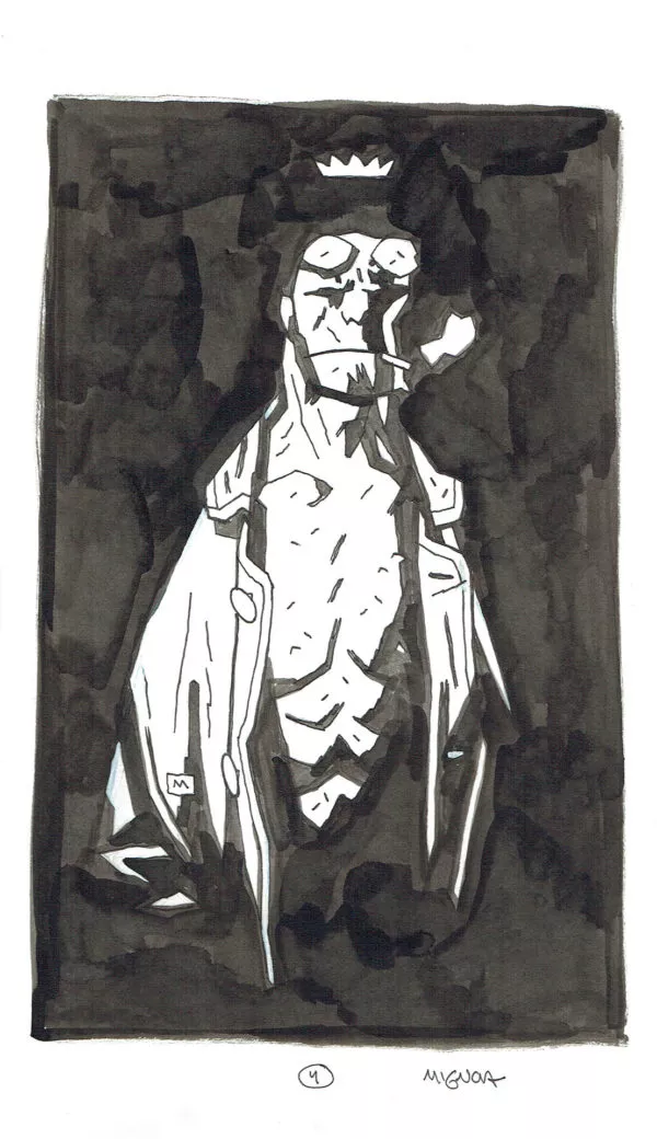 Mike MIGNOLA — 199 – Hellboy – illustration – avec couronne, cigarette et fumée