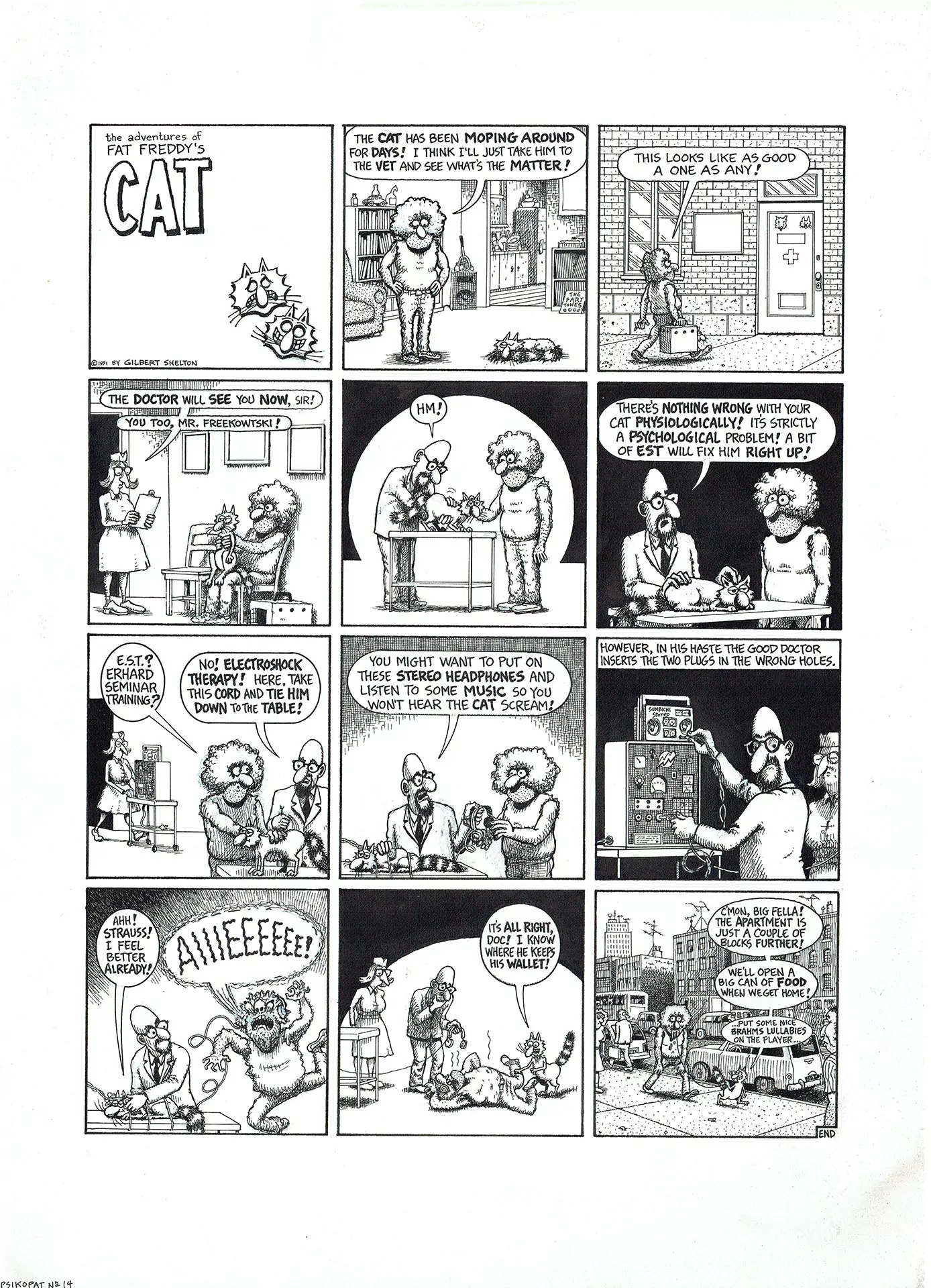Gilbert SHELTON — Freak Brothers – Fat Freddy&rsquo;s cat – Electroshock therapy — Psikopat